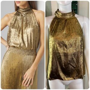 New NWT WHBM White House Black Market Metallic Gold Halter Pleated Shell Blouse